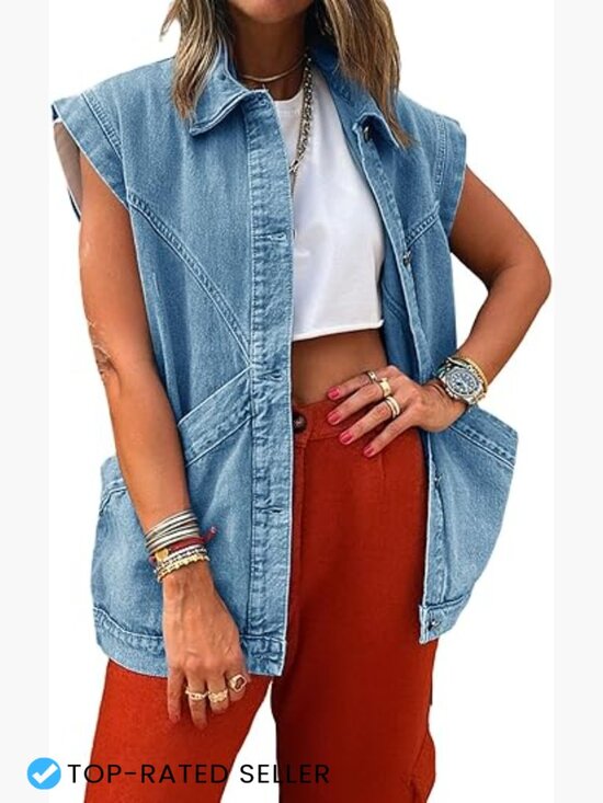 Jackets & Blazers - Oversized Sleeveless Denim Vest Classic Button Down Casual Utility Lapel Jean